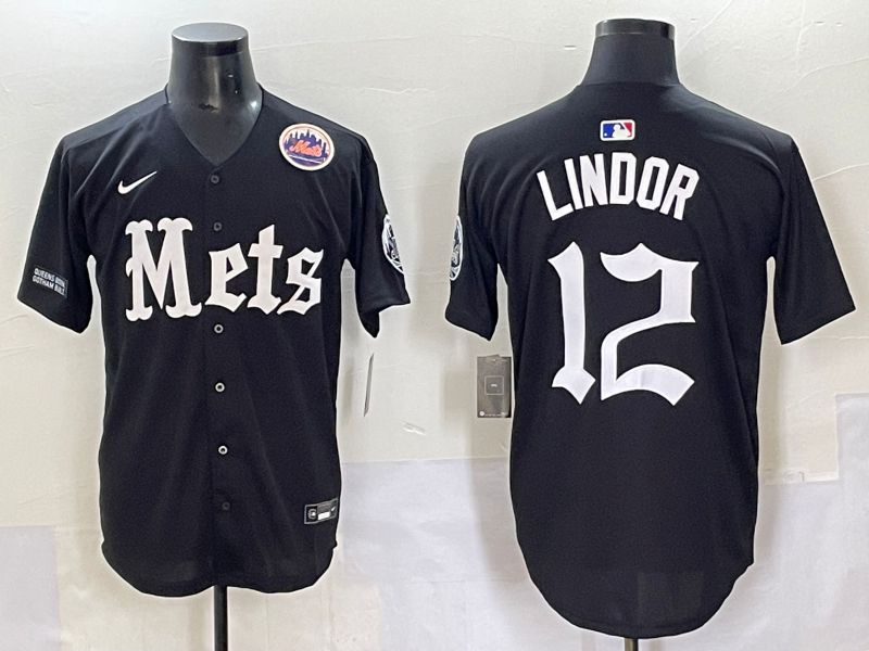Men 2025 New York Mets #12 Lindor Black Five generations Joint Name Nike MLB Jersey style 14->new york mets->MLB Jersey